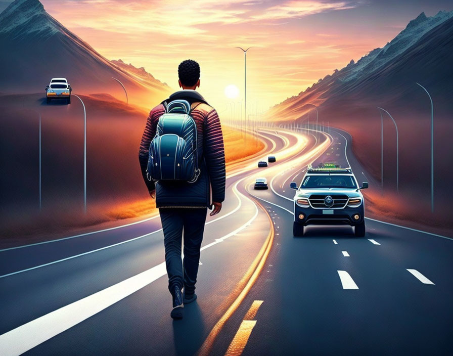 Person walking on road with futuristic cars in surreal landscape.