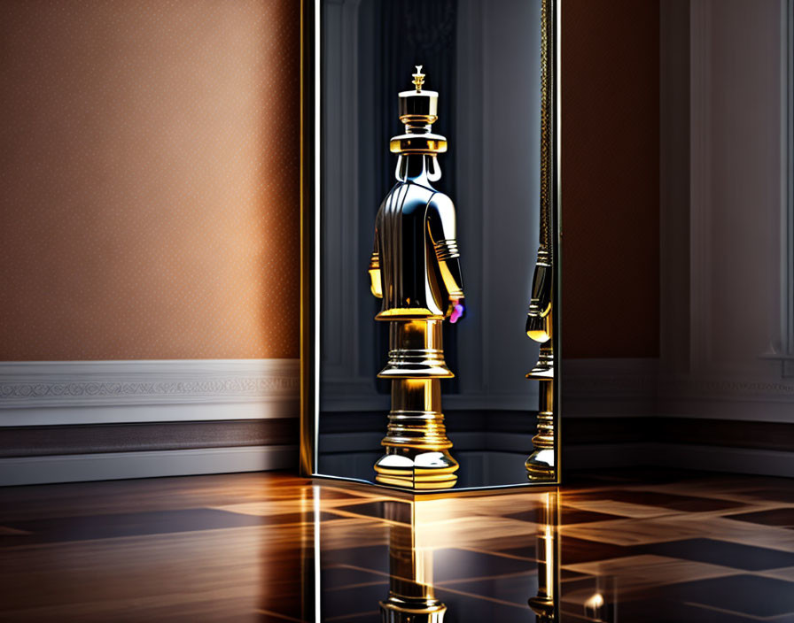 Chess bishop piece reflected in mirror on checkered floor