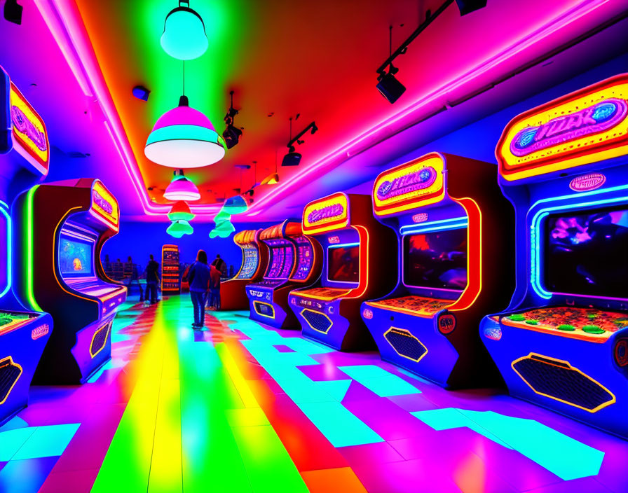 Colorful arcade room with neon lights and gaming cabinets