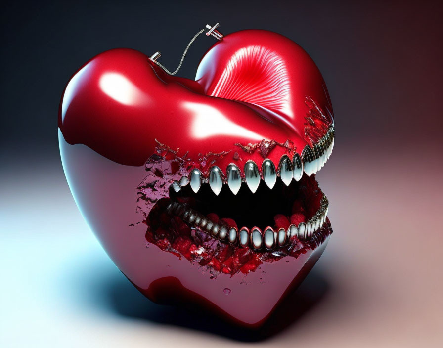 Surreal 3D-rendered red heart with teeth biting, gradient backdrop