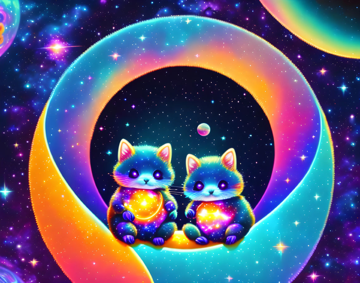 Vibrant neon-colored cats in crescent moon with cosmic patterns