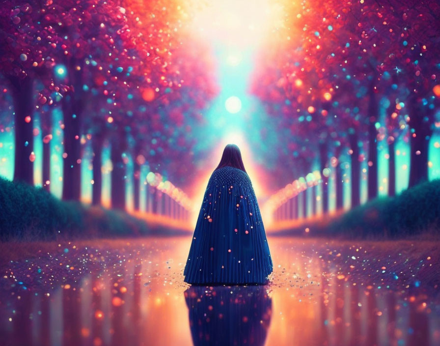 Person in Sparkling Cape Standing on Reflective Surface in Vibrant Forest Path