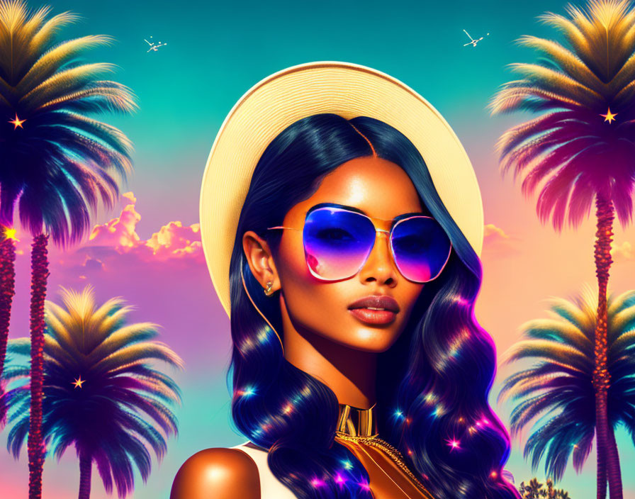 Fashionable woman with sunglasses and hat against tropical sunset backdrop
