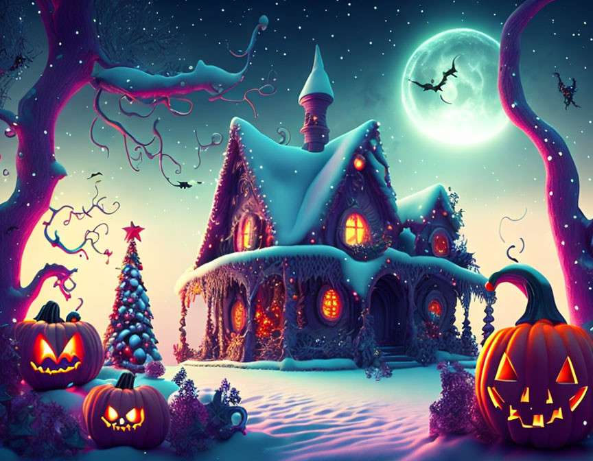 Glowing pumpkins and twisted trees in Halloween-themed cottage landscape