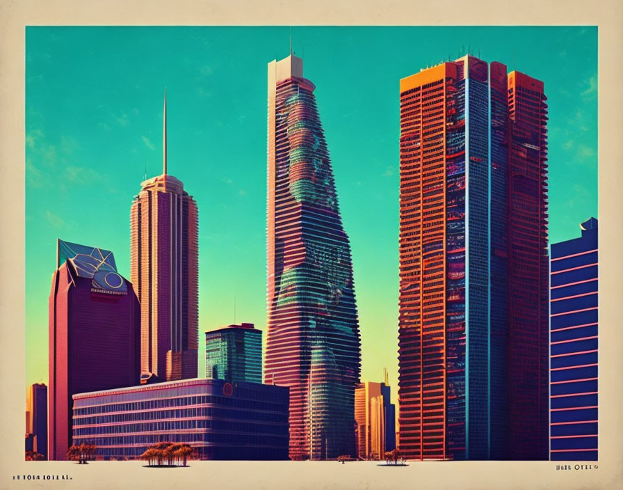 Modern skyscrapers in skyline under blue sky with retro color filter.