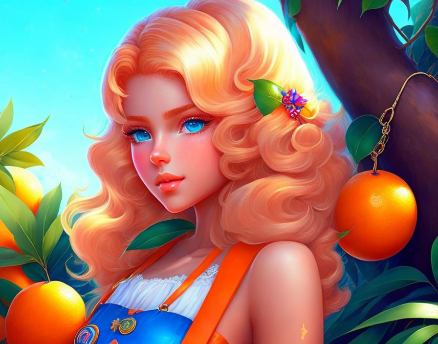 Girl with Blue Eyes and Curly Blonde Hair in Overalls Surrounded by Orange Trees