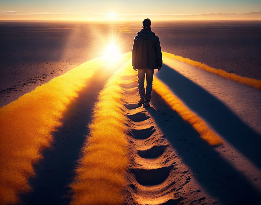 Silhouette of Person Walking on Sandy Terrain at Sunrise