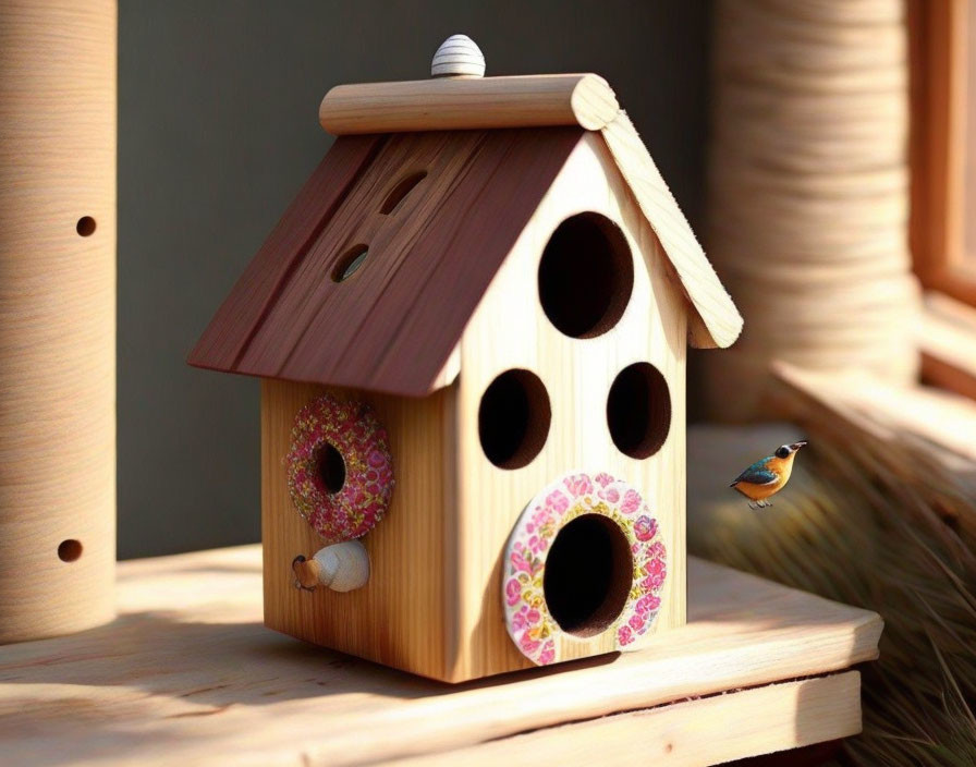 Wooden birdhouse with multiple entrances and floral patterns on sunny perch, small bird mid-flight