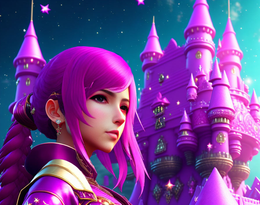 Digital artwork of female character with purple hair and armor in front of fantasy-style castle under starry sky