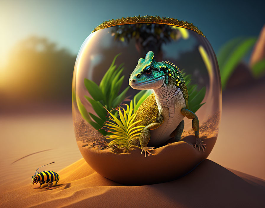 Lizard in glass dome with desert plants and bee in natural setting