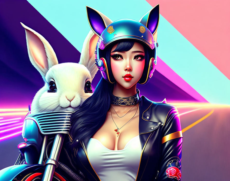 Digital Art: Woman with Cat Headphones and Rabbit on Neon Background