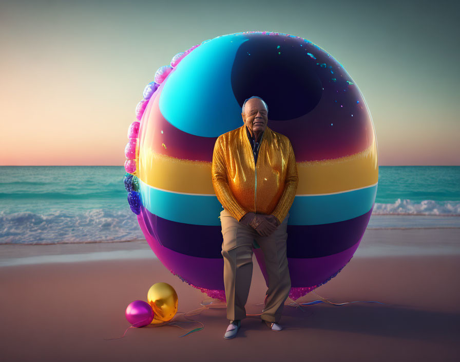 Elderly man with beach ball and balloons at sunset