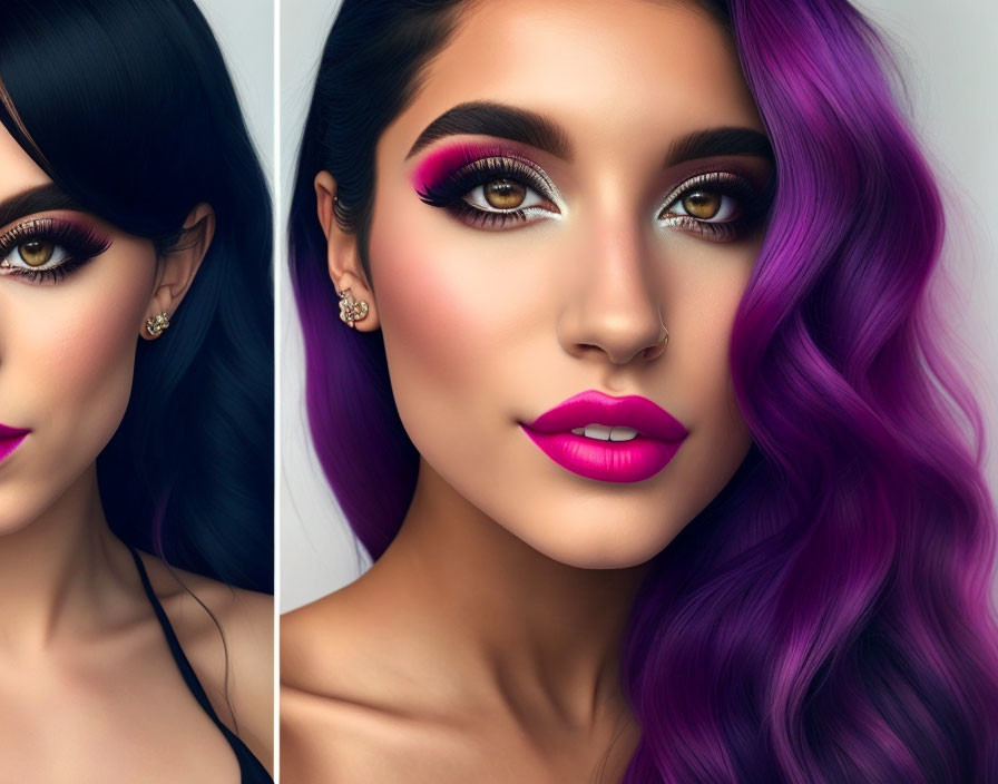Woman with Black to Purple Gradient Hair and Bold Pink Makeup