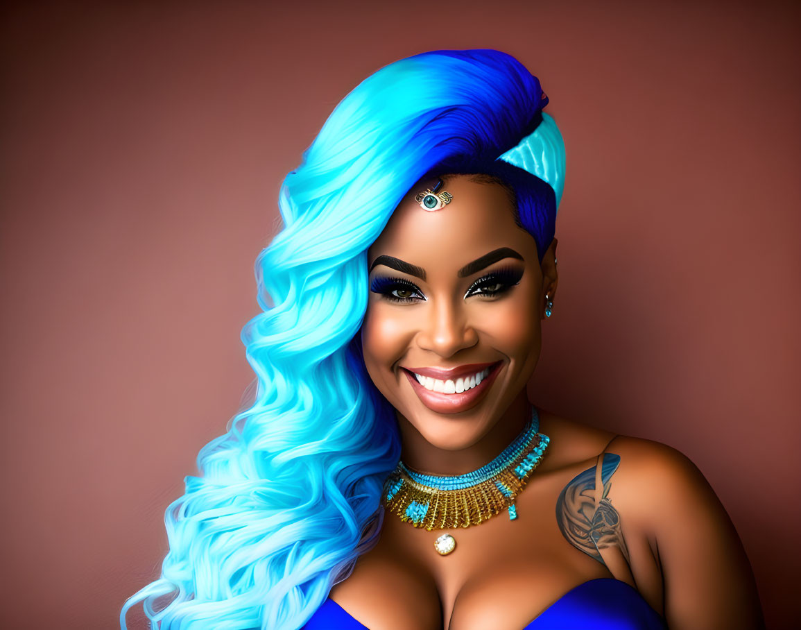 Colorful Illustration of Smiling Woman with Blue Hair and Jewel