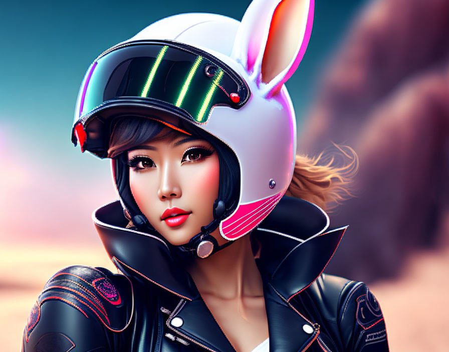 Futuristic digital artwork of woman in bunny helmet with neon lights
