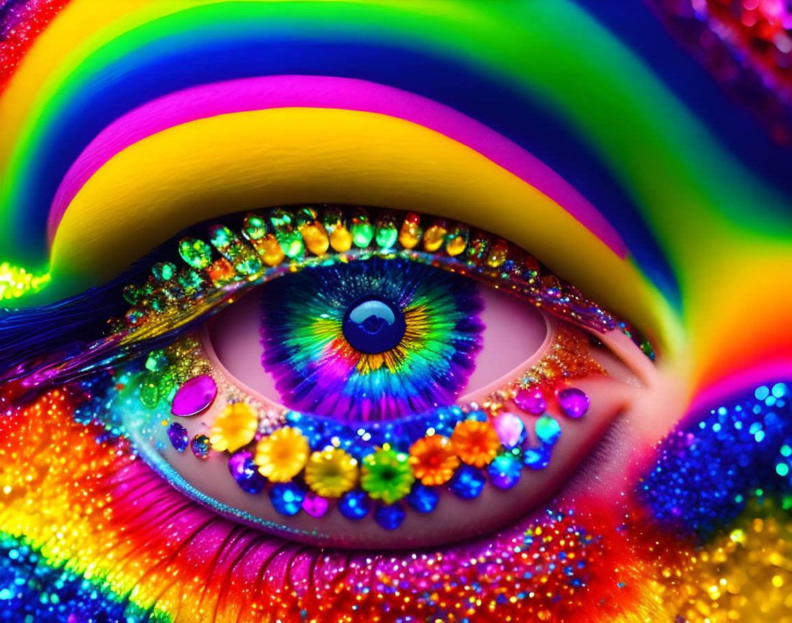 Colorful Eye Makeup with Rainbow Eyeshadow and Rhinestones