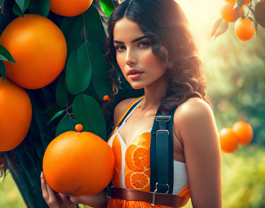 Woman in Orange Dress Among Orange Trees Holding Fruit with Sunlight Filtering