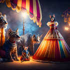 Colorful cats in circus-themed setting with artistic fur patterns