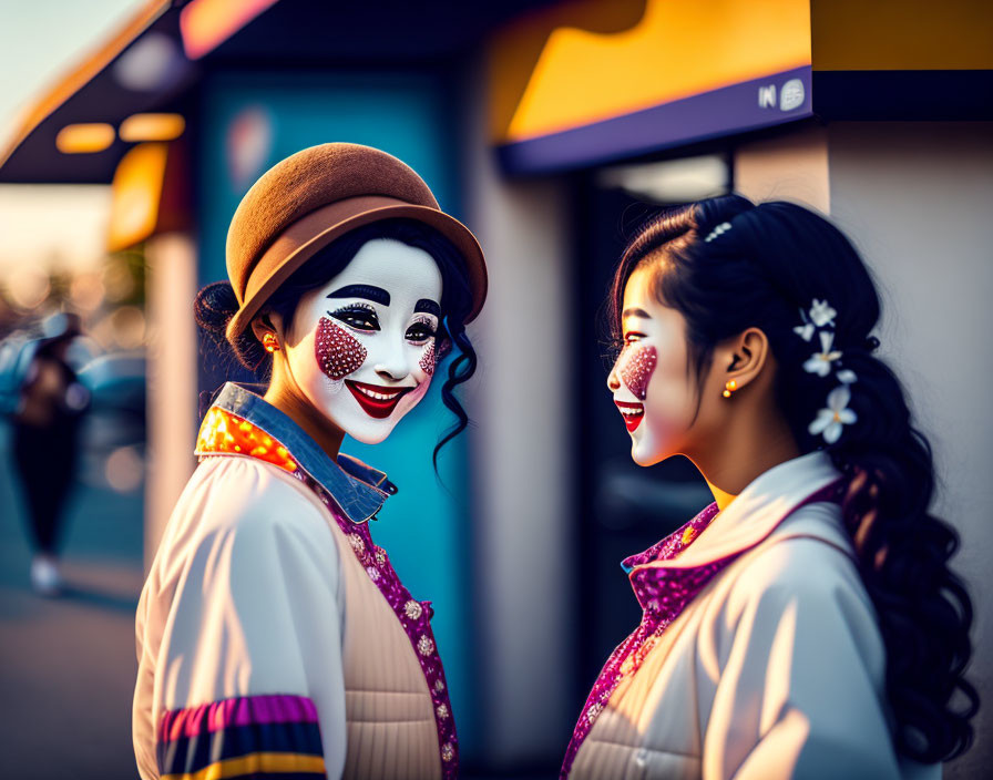 Two women in clown and floral attire smiling at each other at twilight