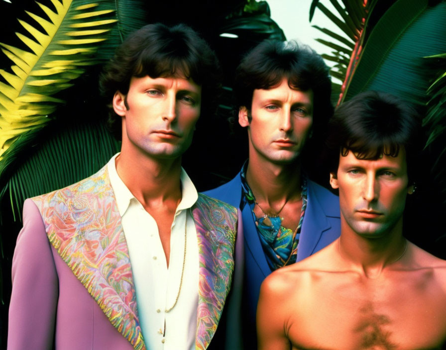 Three Men Posing in Suits and Shirtless with Tropical Background