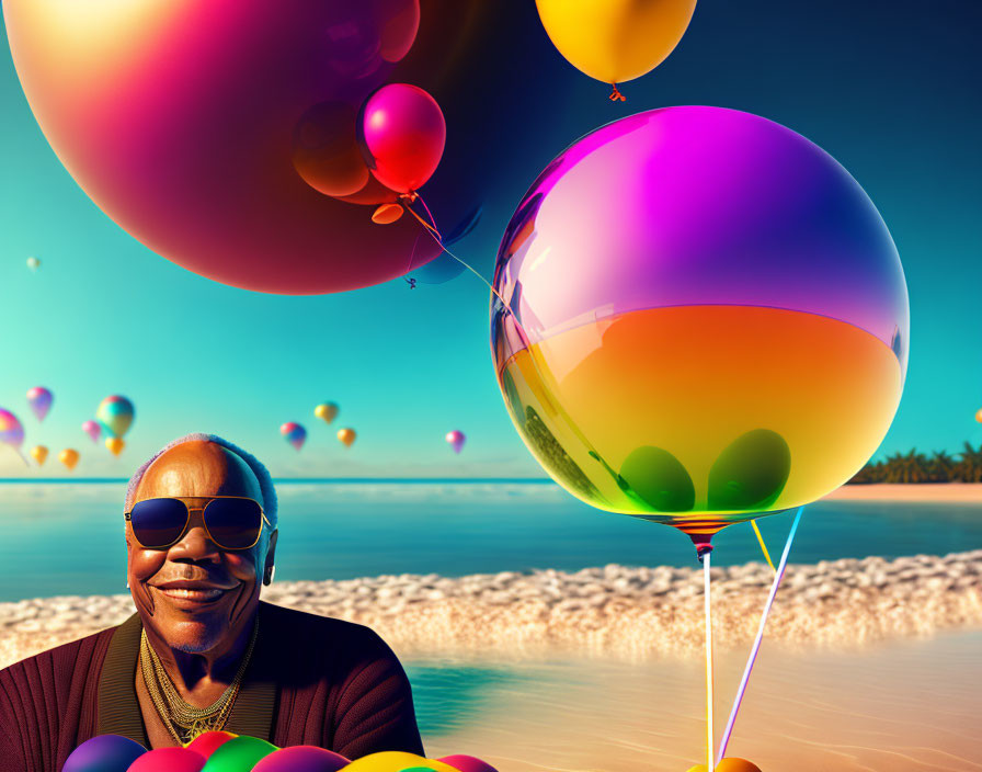 Joyful person with sunglasses at beach with colorful balloons and sunny tropical vibe