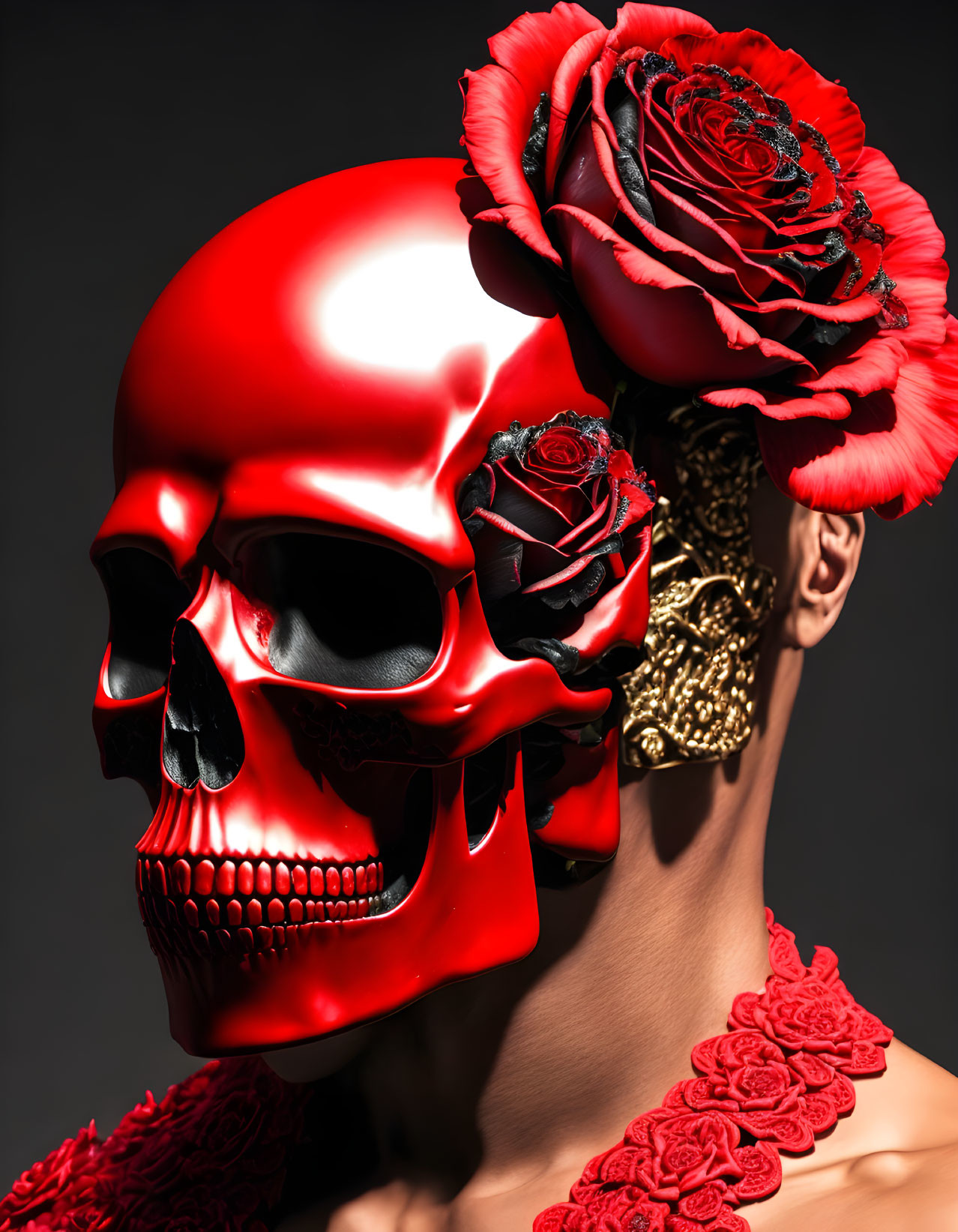 Red Skull Mask with Roses and Gold Detailing on Dark Background