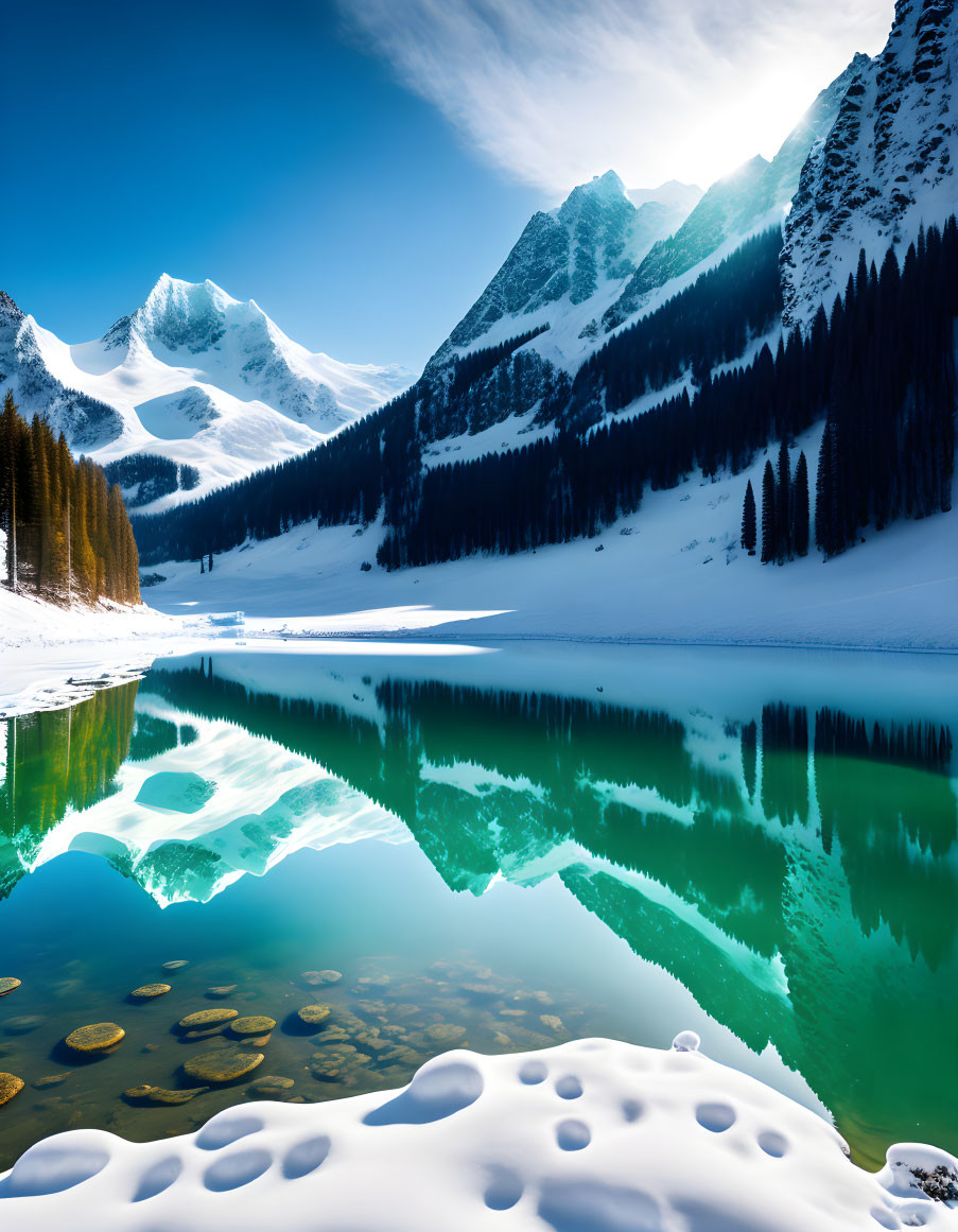 Snowy mountain lake with reflection of peaks and evergreen trees in serene winter setting