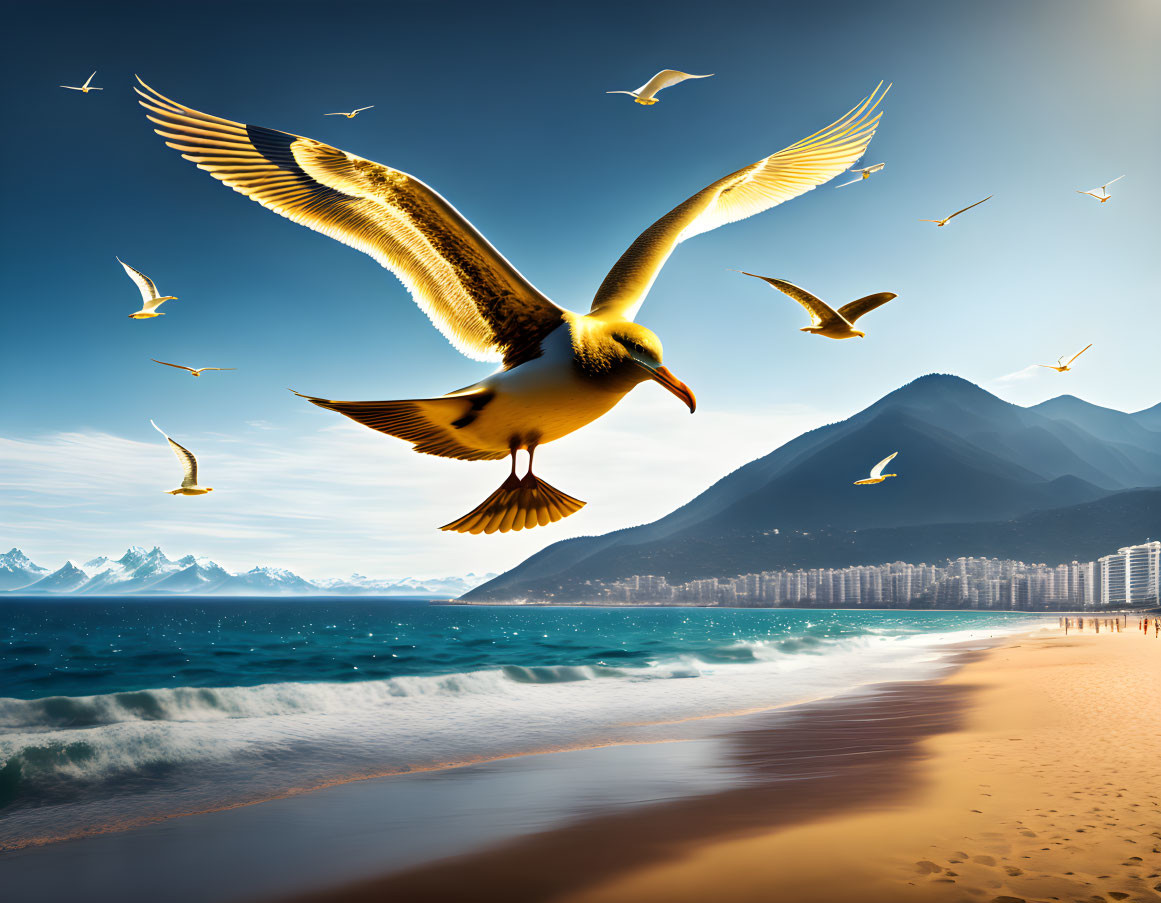Seagulls flying over sunny beach with waves, mountains, and city skyline