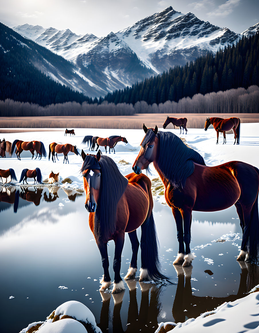 Horses with snow