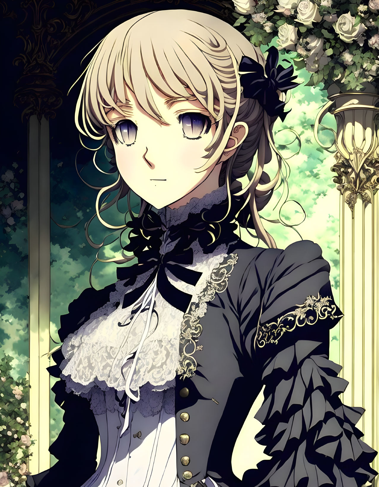 Blond girl in Victorian-style dress with floral backdrop