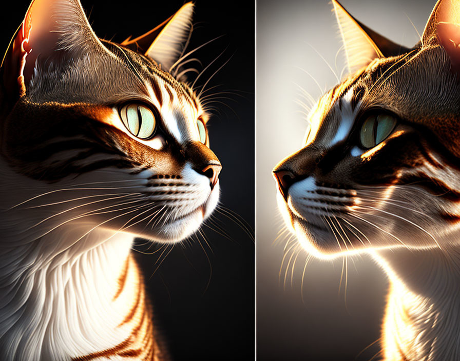 Dual portraits of domestic cat with green eyes and tabby markings in warm light