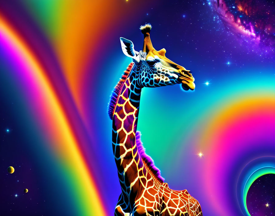 Colorful Giraffe Artwork with Galaxy Background and Rainbow Elements