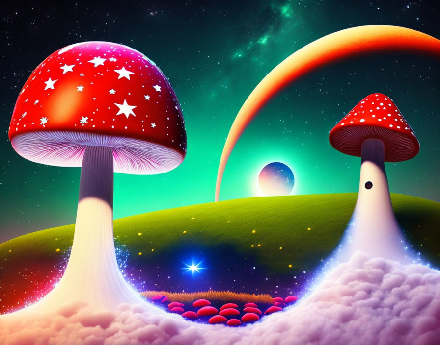 Colorful towering mushrooms in fantasy landscape under starry sky
