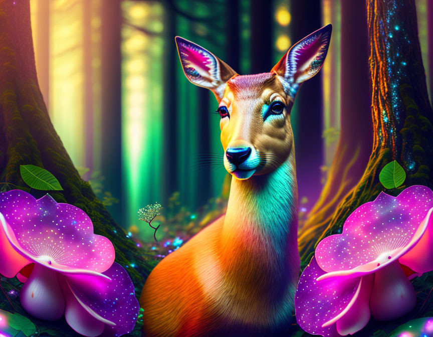 Fantasy-inspired image: Luminous-eyed deer in neon-lit forest