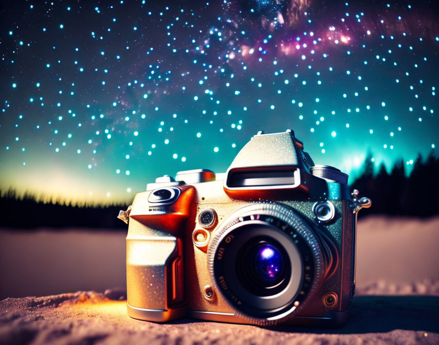Vintage Camera on Snowy Surface Under Starry Night Sky