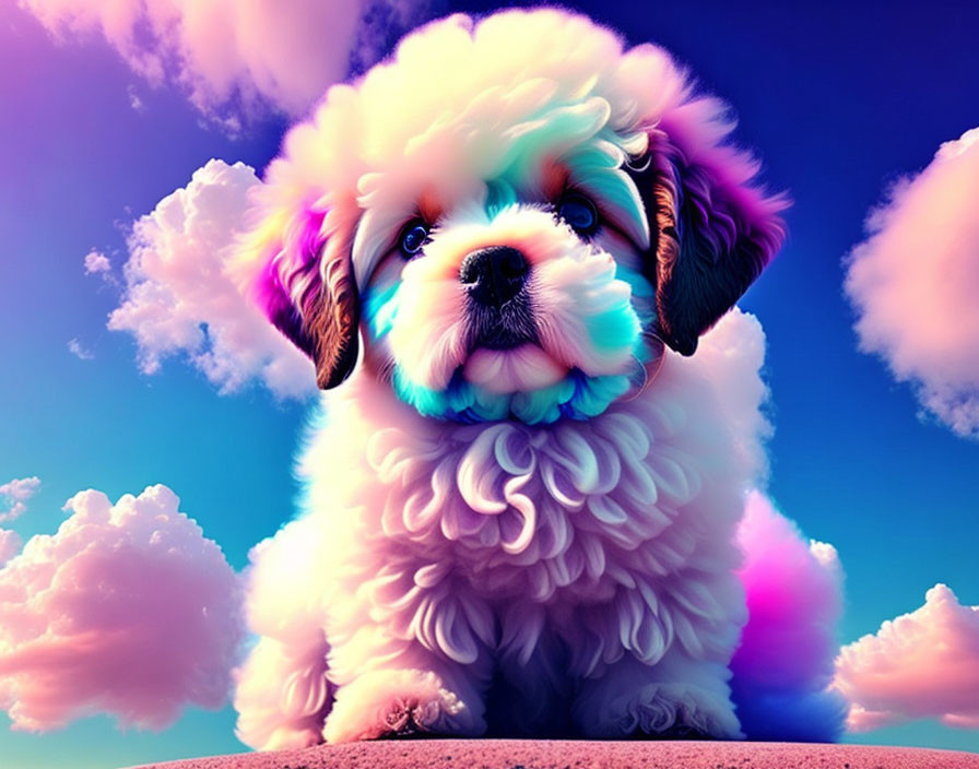 Colorful Digital Illustration of Fluffy Dog in Vibrant Sky