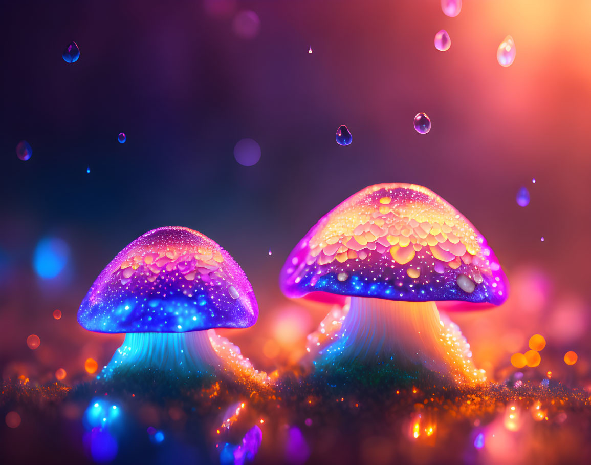 Vibrant luminescent mushrooms with water droplets on bokeh background
