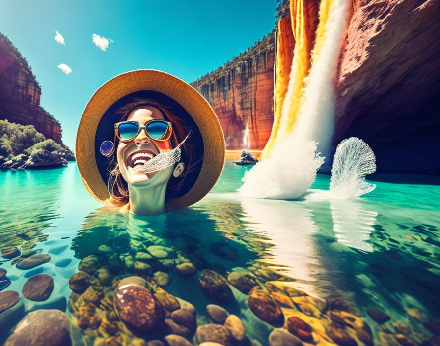 Woman in sun hat and sunglasses floating near waterfall and rocky cliff