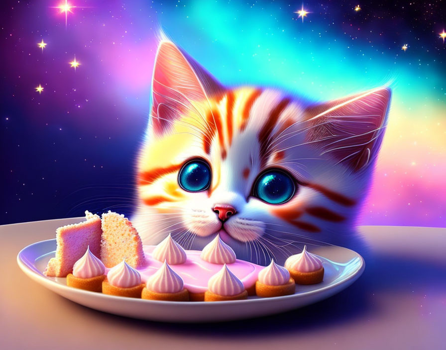 Stylized image of kitten with blue eyes near cakes on cosmic backdrop