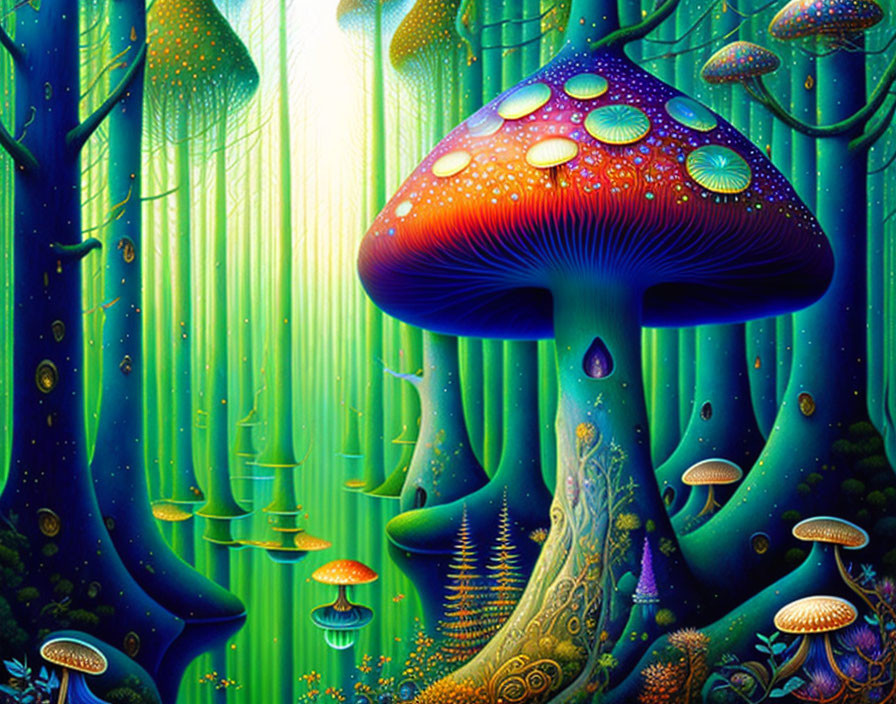 Colorful Enchanted Forest with Large Mushroom and Ethereal Light