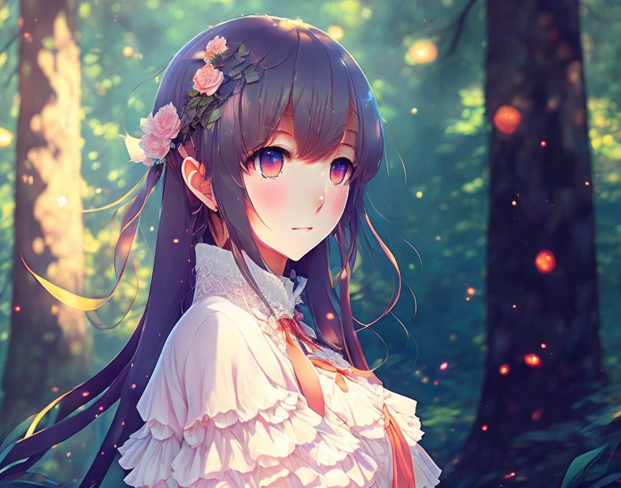 Long-haired anime-style girl in white outfit among forest with flowers.
