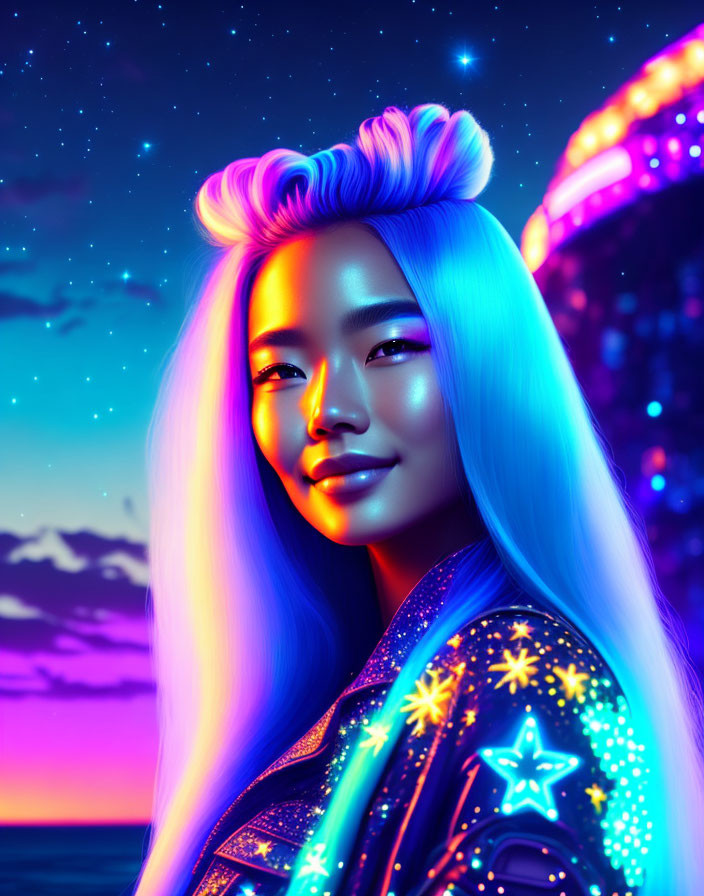 Woman with Glowing Blue Hair and Neon Jacket Smiling Under Starry Sky