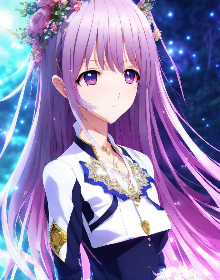 Anime girl with long purple hair and violet eyes in navy and white uniform with gold trim and flower crown