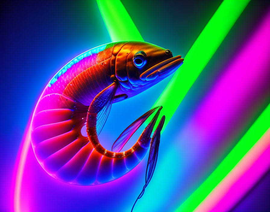 Colorful Neon Fish Sculpture with Illuminated Fins and Body surrounded by Intersecting Light Be
