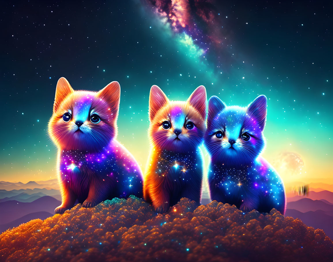 Colorful cosmic-themed foxes on flower-covered hill under starry sky