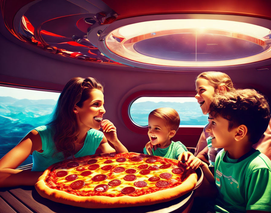 Family Enjoying Pepperoni Pizza in Futuristic Vehicle with Scenic View