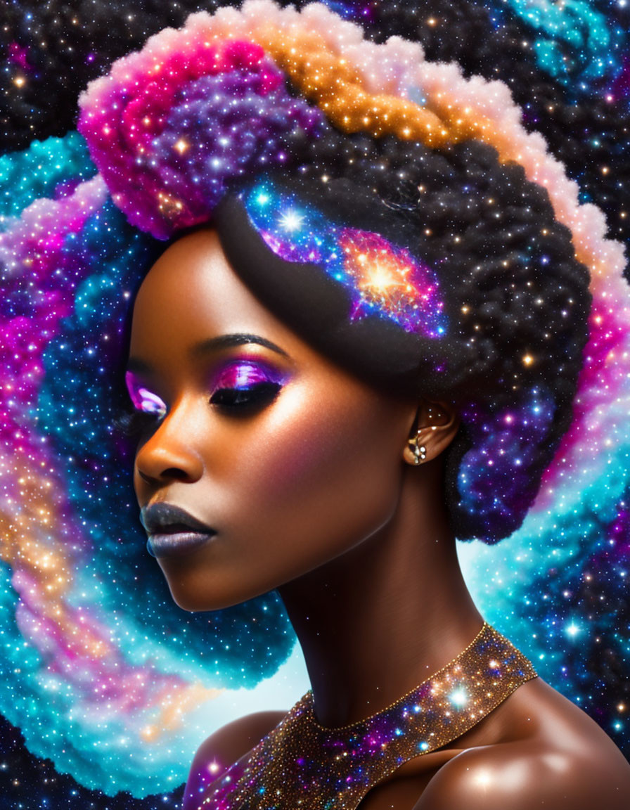 Vibrant galaxy-themed makeup and hair design on a woman