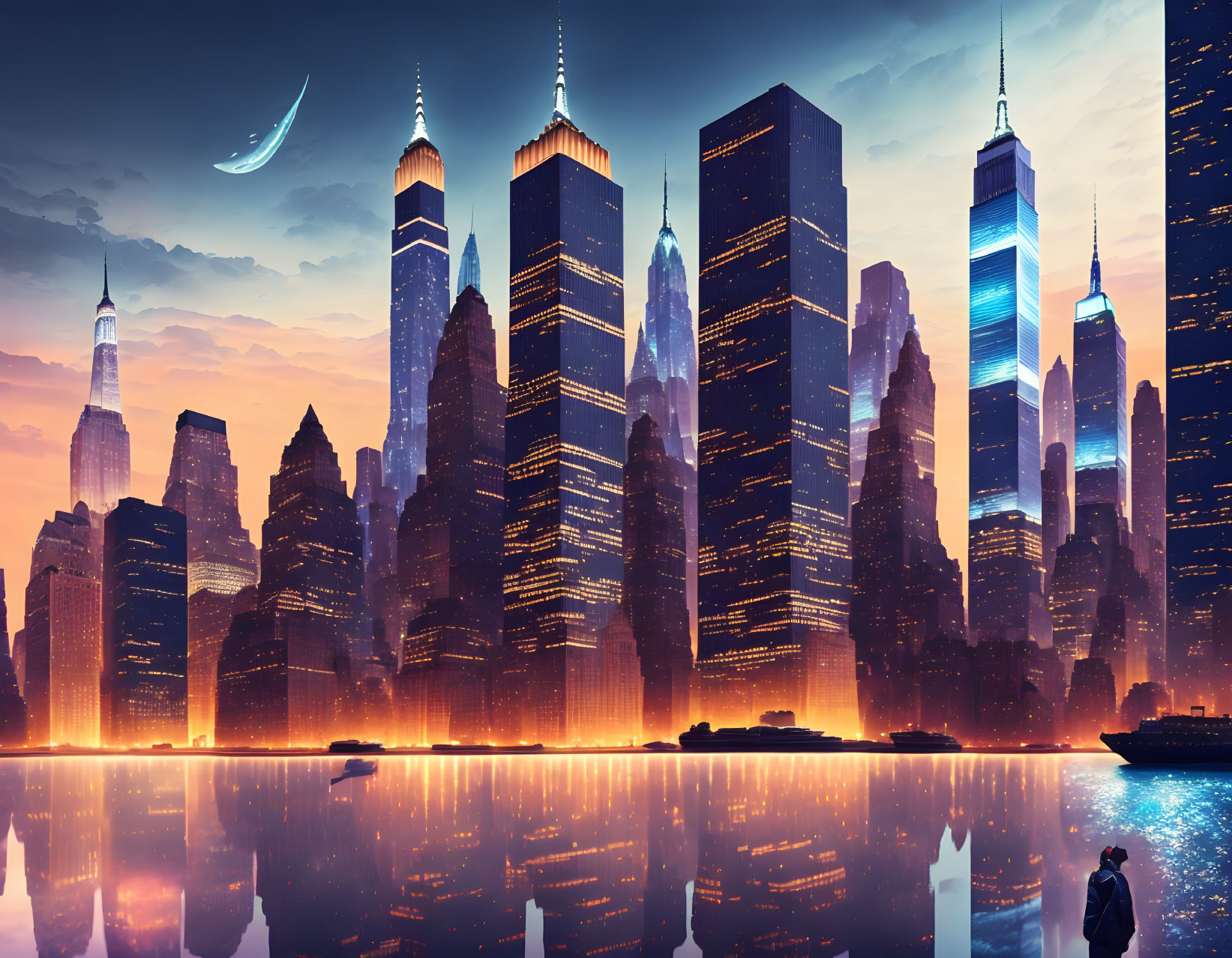 Illuminated futuristic city skyline with fantastical elements