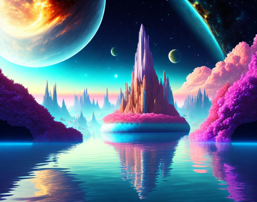 Alien world with pink foliage, crystal formations, reflective water