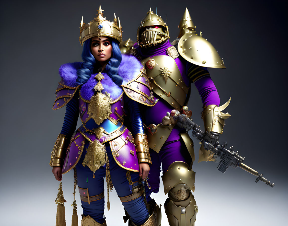 Characters in ornate armor with staff and futuristic gun against grey backdrop